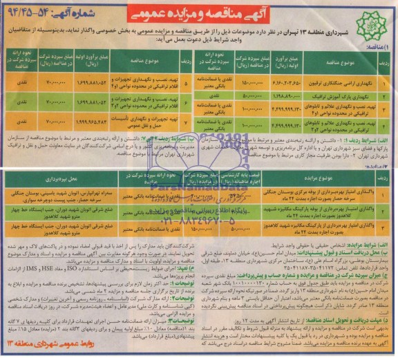 مزایده عمومی, مزایده عمومی واگذاری امتیاز بهره برداری از بوفه مرکزی بوستان جنگلی سرخه حصار و...