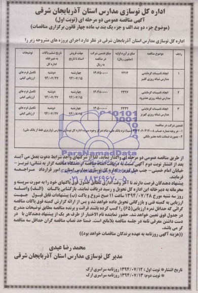 آگهی مناقصه عمومی, مناقصه ایجاد تاسیسات گرمایشی مدارس 