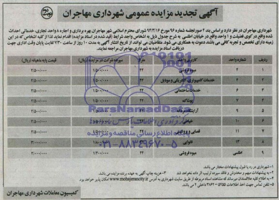 آگهی تجدید مزایده عمومی , مزایده بهره برداری و اجاره 8 واحد تجاری، خدماتی احداث شده