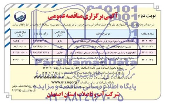 اگهی برگزاری مناقصه عمومی , مناقصه عملیات مدیریت بهره برداری و خدمات مشترکین 