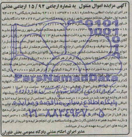 آگهی مزایده اموال منقول , مزایده فروش مقدار تقریبی 110 تن انواع پیچ مهره خشکه