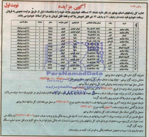 آگهی مزایده , مزایده فروش تعداد 14 دستگاه خودروی مازاد