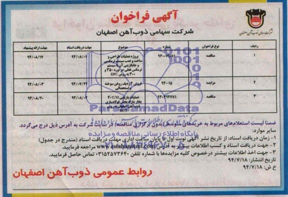 آگهی فراخوان, مزایده فروش 4 ردیف روغن سوخته و استحصالی