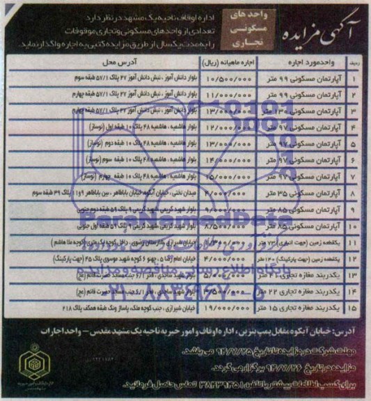 آگهی مزایده, مزایده واگذاری به صورت اجاره واحدهای مسکونی و تجاری موقوفات