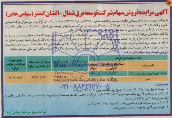مزایده  فروش سهام شرکت توسعه برق شمال - افشان گستر ( سهامی خاص ) 