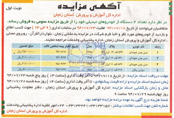 مزایده , مزایده تعداد 4 دستگاه از خودروهای تبدیلی
