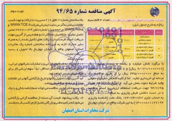 مناقصه , مناقصه سیم رانژه سفید و مشکی