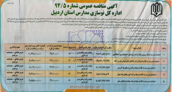 آگهی مناقصه عمومی, مناقصه احداث مدرسه  