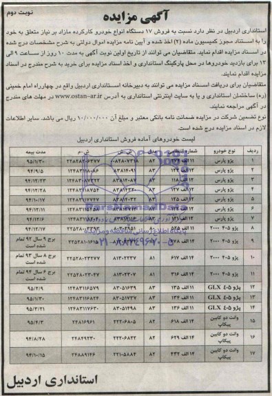 مزایده عمومی , مزایده عمومی فروش 17 دستگاه انواع خودرو کار کرده مازاد