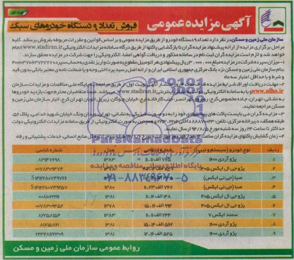 مزایده عمومی, مزایده عمومی فروش تعداد 9 دستگاه خودروهای سبک