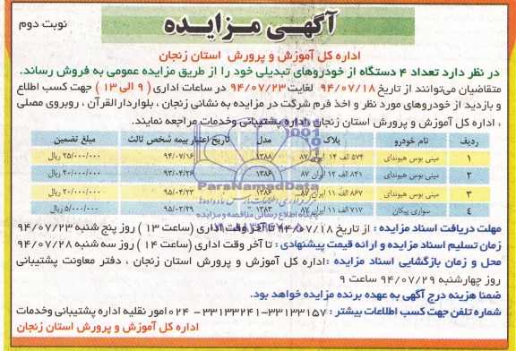 مزایده , مزایده تعداد 4 دستگاه از خودروهای تبدیلی