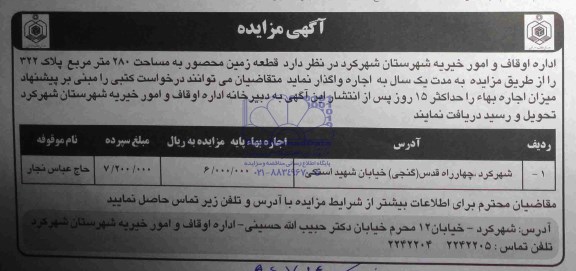 مزایده, مزایده واگذاری قطعه زمین