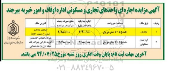 مزایده اجاره ای واحدهای تجاری و مسکونی اداره اوقاف وامور خیریه بیرجند
