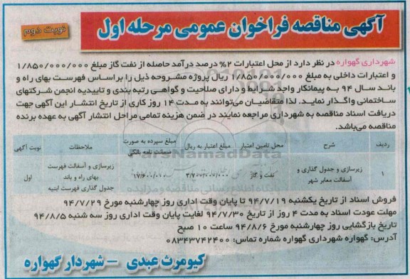 آگهی مناقصه فراخوان عمومی , مناقصه زیرسازی و جدول گذاری و آسفالت معابر شهر 