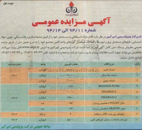 آگهی مزایده عمومی , مزایده اقلام مازاد اسقاطی و مستعمل خود را از قبیل ضایعات فلزی ، پلاستیکی...