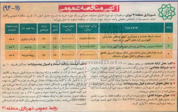 آگهی مناقصه عمومی , مناقصه دو مورد اجرای عملیات عمرانی و یک مورد خرید