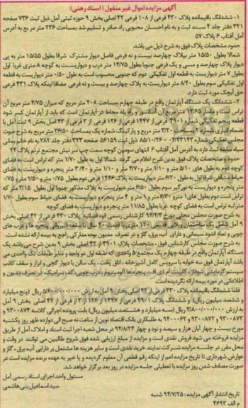 مزایده,ششدانگ باقیمانده پلاک و ششدانگ اپارتمان