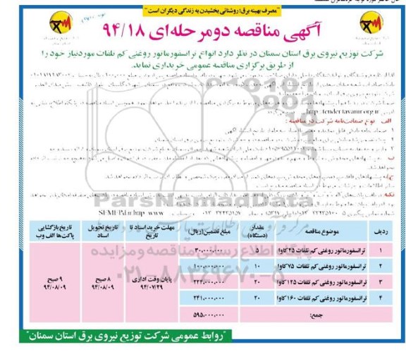 آگهی مناقصه دو مرحله ای, مناقصه خرید انواع ترانسفورماتور روغنی کم تلفات 