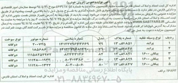 آگهی مزایده عمومی,مزایده 5 دستگاه خودرو سواری