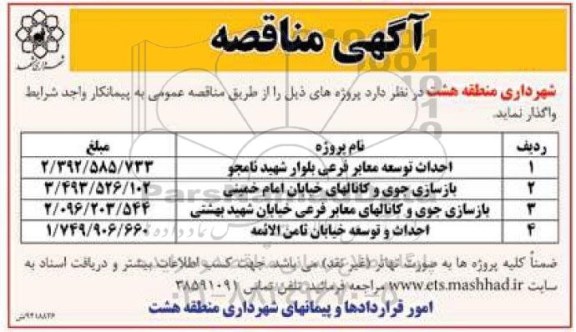 مناقصه , مناقصه احداث توسعه معابر فرعی .....
