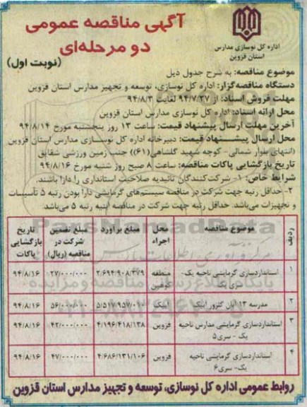آگهی مناقصه عمومی دو مرحله ای , مناقصه استانداردسازی گرمایشی 
