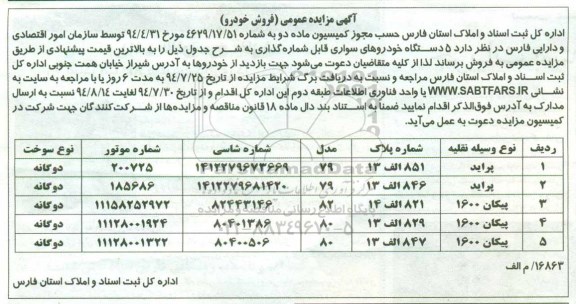 آگهی مزایده عمومی,مزایده  5 دستگاه خودروهای سواری قابل شماره گذاری