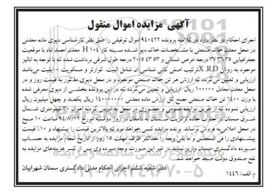 آگهی مزایده,مزایده فروش 1400 تن خاک صنعتی با ترکیب اصلی کانی شناسی شامل البیت، کوارتز و مسکویت- ایلیت