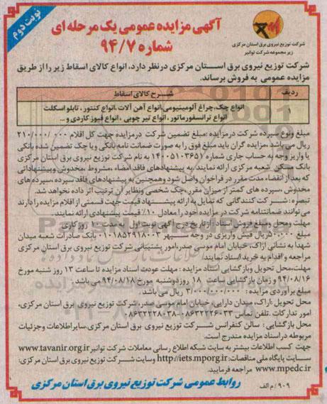 مزایده , مزایده انواع چک، چراغ آلومینیومی ، انواع آهن آلات ، 