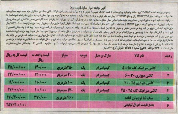 آگهی مزایده اموال منقول, مزایده کاشی سرامیک کف 50*50