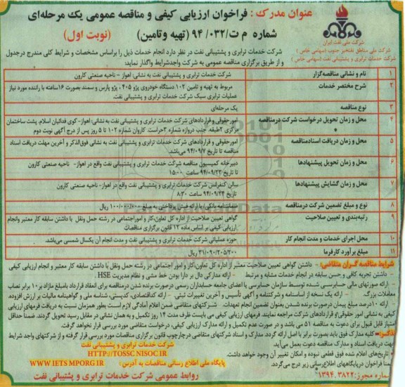 فراخوان ارزیابی کیفی و مناقصه عمومی, مناقصه تهیه و تامین 103 دستگاه خودروی پژو 405، پژو پارس و سمند بصورت 16 ساعته 