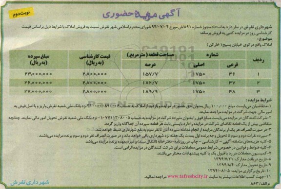 مزایده,حضوری املاک شهرداری نوبت دوم