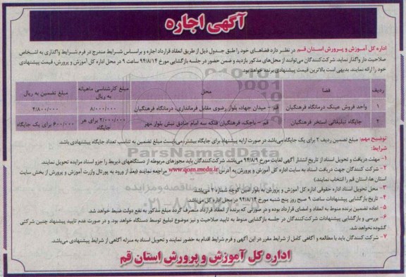 آگهی اجاره واگذاری واحد فروش عینک درمانگاه فرهنگیان
