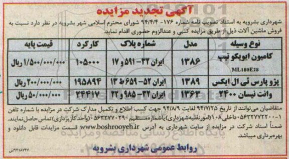 آگهی تجدید مزایده, مزایده فروش ماشین آلات