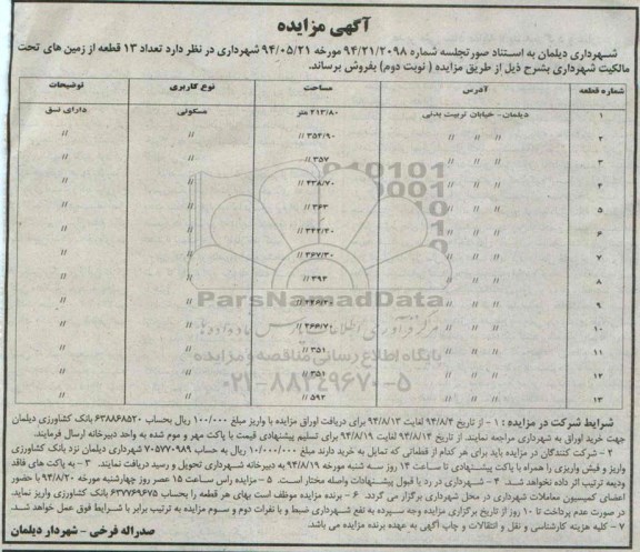 مزایده,تعداد 13 قطعه از زمینهای تحت مالکیت شهرداری