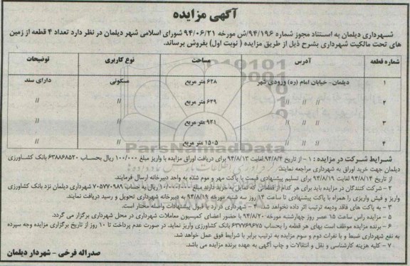 مزایده,تعداد 4 قطعه از زمینهای تحت مالکیت شهرداری
