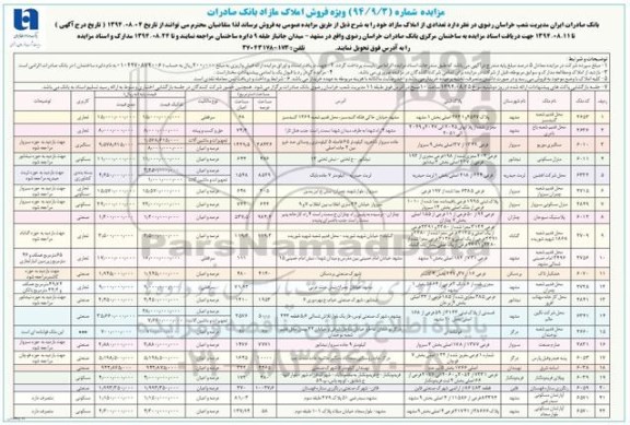 مزایده,فروش املاک مازاد بانک صادرا شماره 94.9.3 از طریق مزایده عمومی