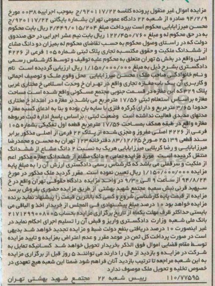 مزایده, دو دانگ مشاع از ششدانگ ملکیت و حقوق مکتسبه تجاری