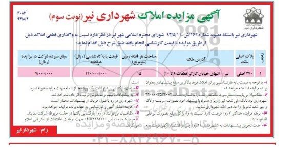 مزایده, واگذاری قطعی املاک شهرداری نیر نوبت سوم با قیمت کارشناسی