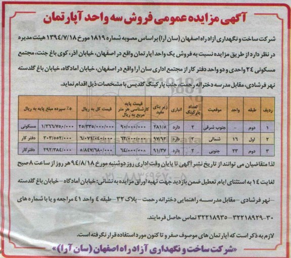 مزایده,عمومی فروش سه واحد اپارتمان با موقعیت جنوب شرقی و شمالی و جنوبی