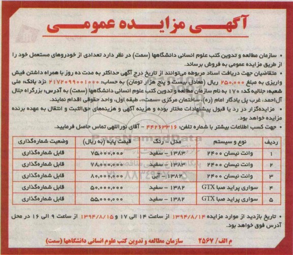مزایده عمومی, مزایده عمومی تعدادی از خودروهای مستعمل 