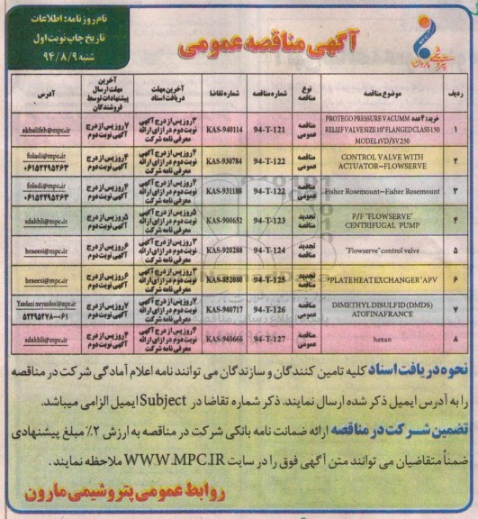 آگهی مناقصه عمومی , مناقصه خرید 4 عدد PROTEGO PRESSURE VACUMM....