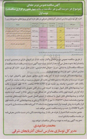 مناقصه , مناقصه تکمیل مدرسه 6 کلاسه رحیمیان مراغه نوبت اول 