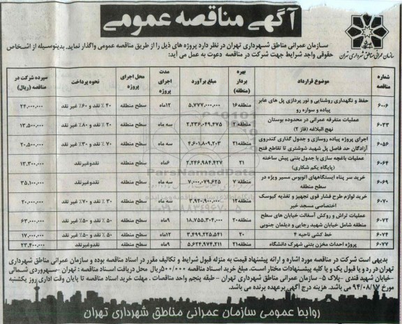 مناقصه , مناقصه حفظ و نگهداری روشنایی و نورپردازی پچل های عابر پیاده و سواره رو