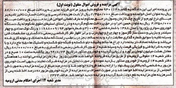 مزایده یک دستگاه خودرو سواری پژو روا