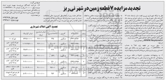 مزایده, 7 قطعه زمین در شهر نی ریز تجدید