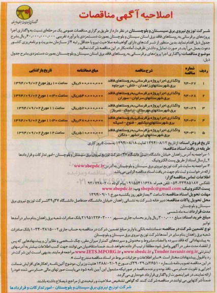 اصلاحیه مناقصات عمومی, مناقصه واگذاری اجرا پروژه برقرسانی-اصلاحیه 