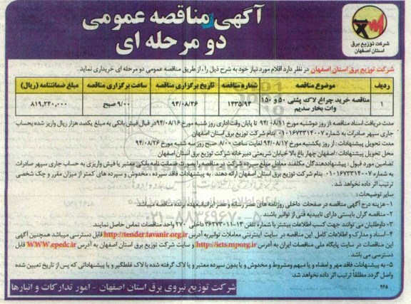 مناقصه , مناقصه خرید چراغ لاک پشتی 50 و 150 وات بخار سدیم