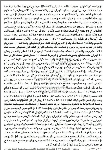 مزایده,سهم الارث محکوم علیه از یک اپارتمان کلاسه 940073