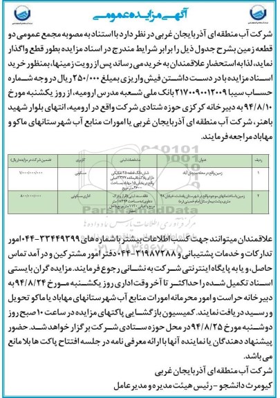 مزایده,عمومی واگذاری بطور قطع دو قطعه زمین کاربری مسکونی و اداری مسکونی