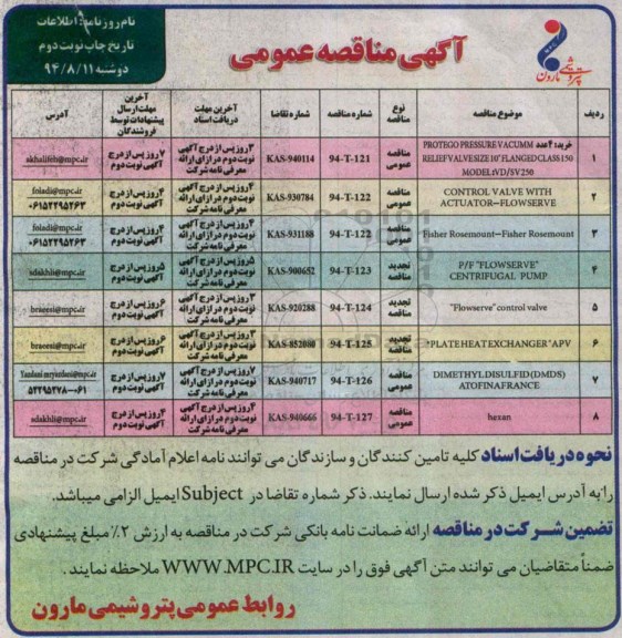 آگهی مناقصه , مناقصه خرید 4 عدد PROTEGO PRESSURE VACUMM.... نوبت دوم 